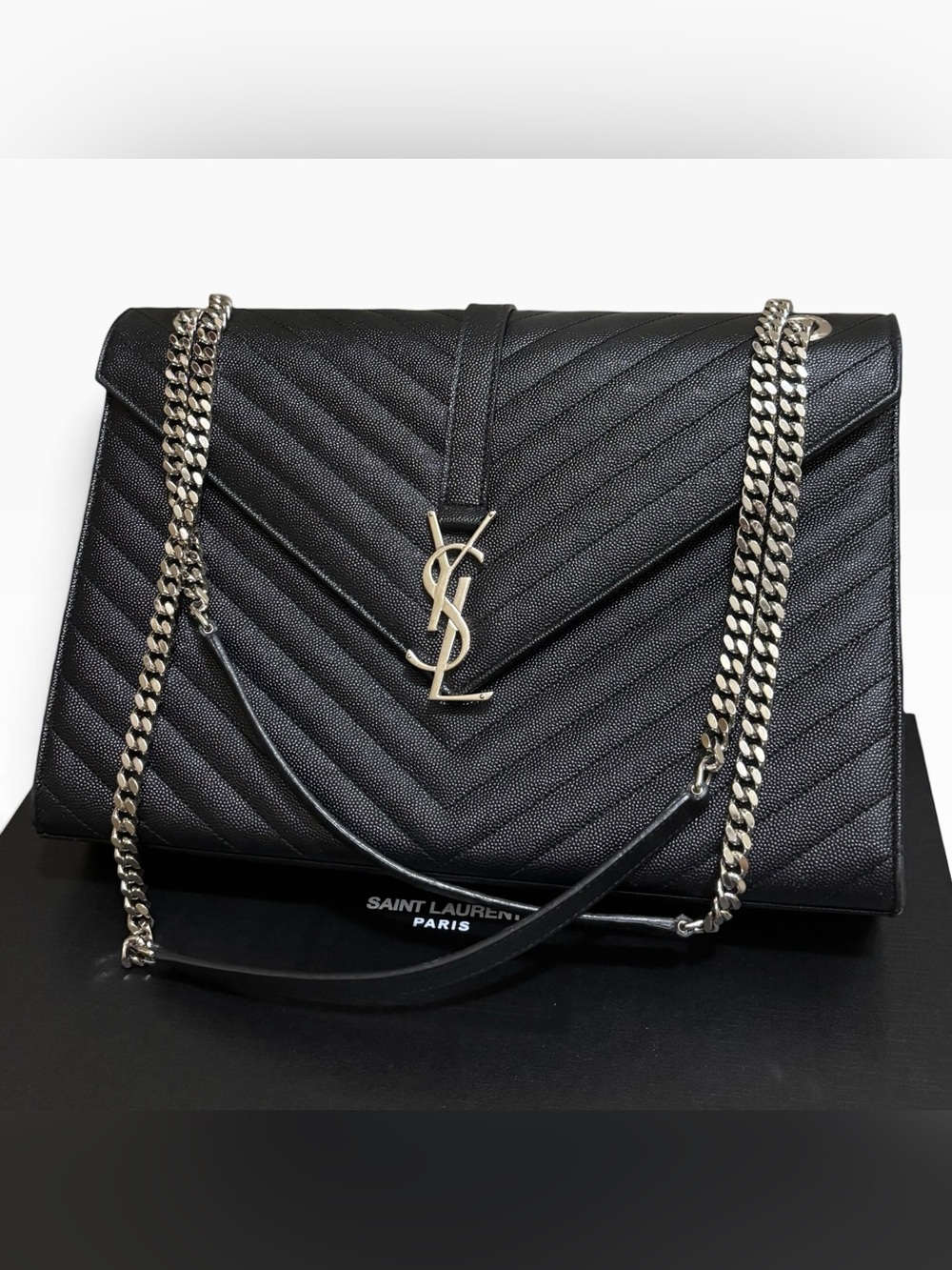 Saint Laurent Black Grain de Poudre Quilted Leather Large Envelope Bag Silver Ha